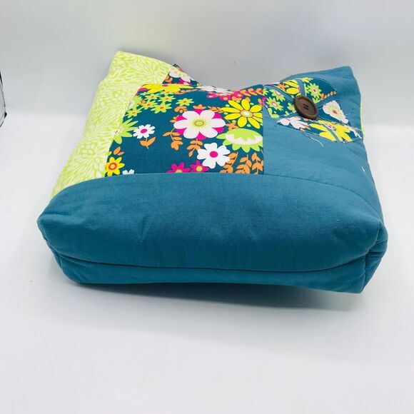 Basic Lizbet Library Market Tote Bag,Teal Yellow Florals 12x13.5x3" With Pockets - Picture 4 of 5